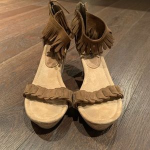 Minnetonka Fringe Wedge Sandals